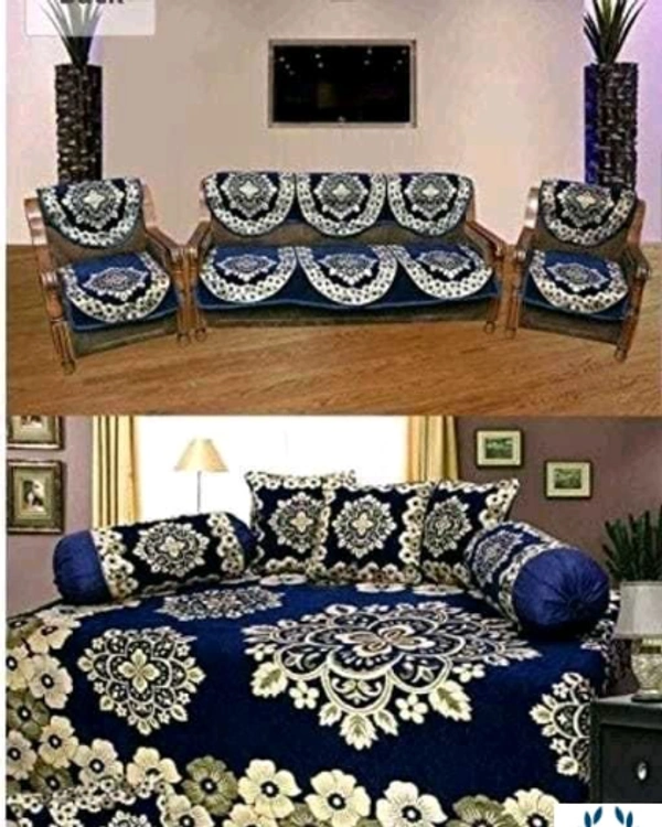 Kanha Decor presents Chenille attractive designer Diwan set which contain 1 bedsheet , 2 bolster with 5 cushion cover & 10 pcs set sofa cover - Free Size, Navy BLUE, Chenile, Multipack :1
